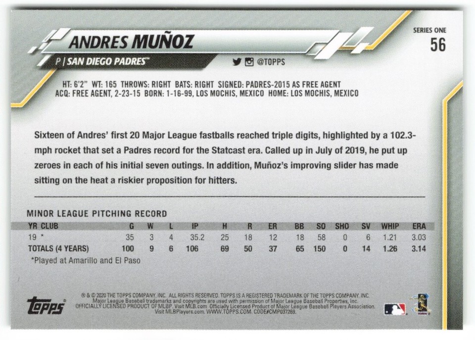 2020 Topps Andres Muñoz RC San Diego Padres 56 eBay