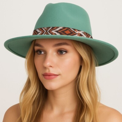 Styliné Turquoise Wide Brim Fedora Hat with Southwest Band   Festival, Beach, Bo