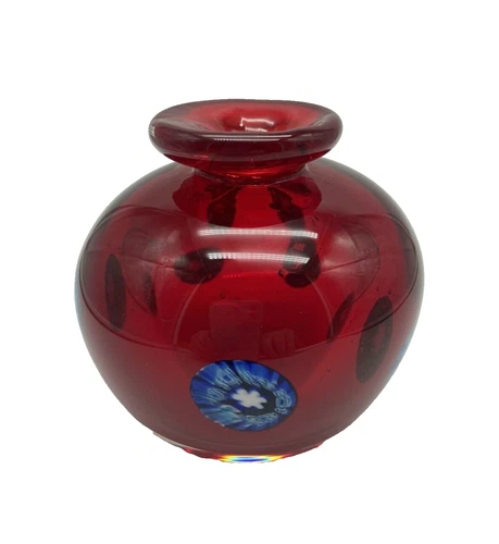 Vintage Murano Art Glass Chili Red Small Vase Millefiori