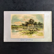 Antique UDB Postcard Glad Greeting Shoreline Walk Bridge Postcard - Unposted!