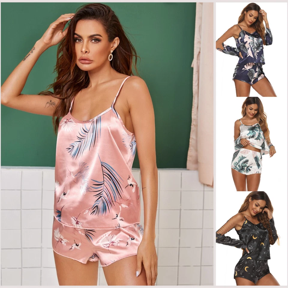 Cami Vest Shorts Lingerie Pyjamas Set Pj Sleepwear Women Ladies Satin Silk Lace - Image 4 of 4