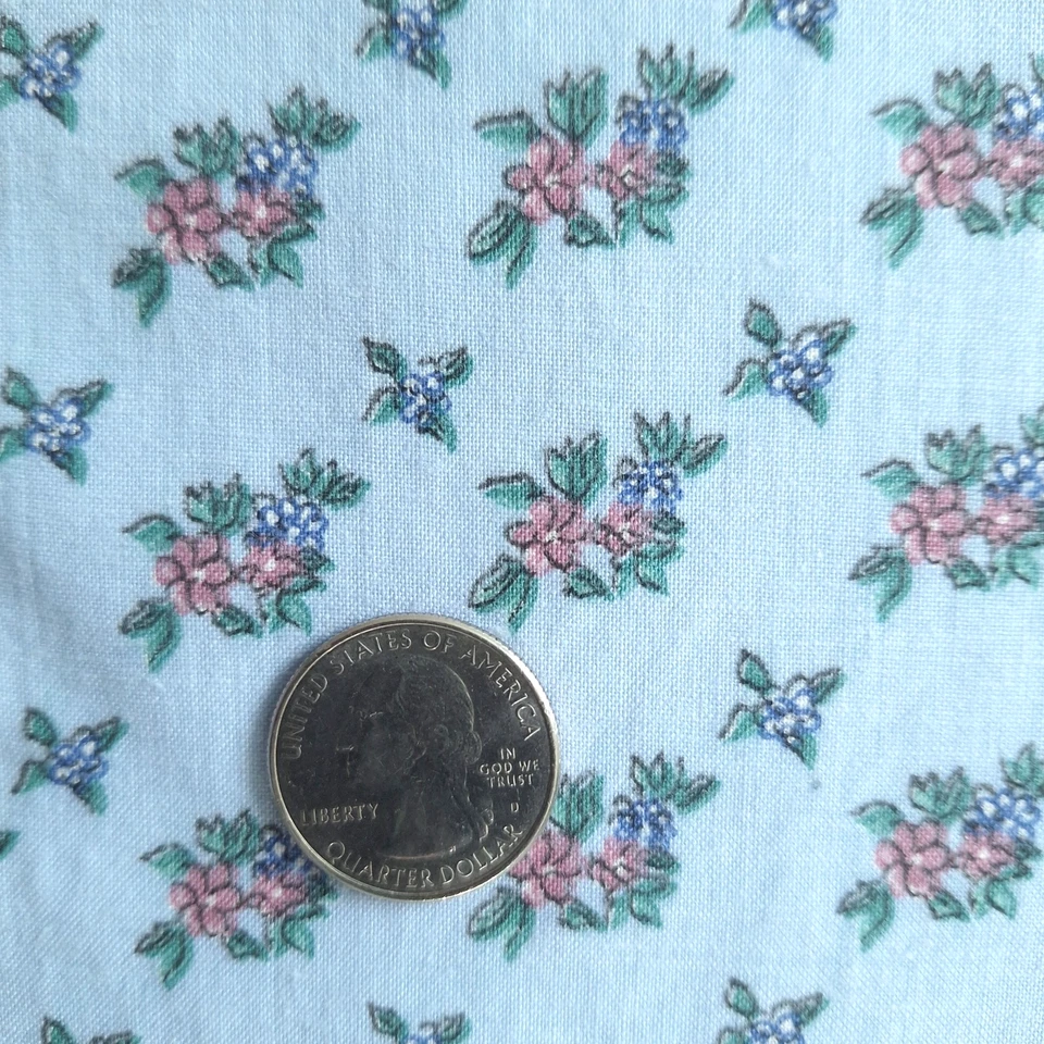 VTG Tiny Pink Purple Flowers On Blue Small Print Cotton RJR Fabrics 20"L x 44"W - Image 3 of 4