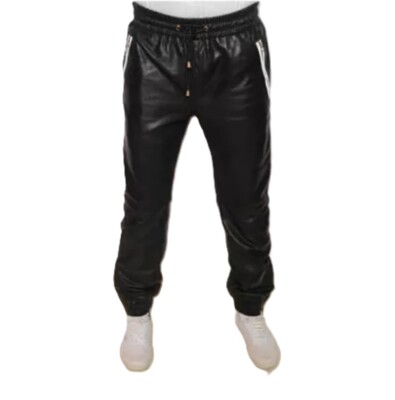 Men's Real Lambskin Leather Trousers Pants Ankle Zip Jogging Casual Track Pants