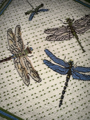 Vintage Dragonfly and Flowers Needlepoint Throw Pillow - Picture 2 of 5
