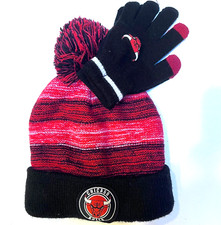 NBA Youth Pom Beanie Knit Winter Cuffed Hat Gloves Set Red Black One Size