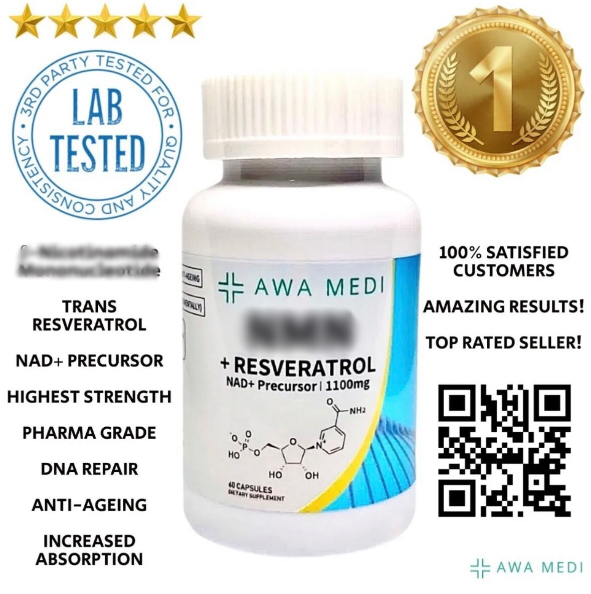 NAD+ SUPLEMENTO TRANS RESVERATROL CÁPSULAS .N.M.N. 60 tapas 1100MG PROBADAS EN LABORATORIO