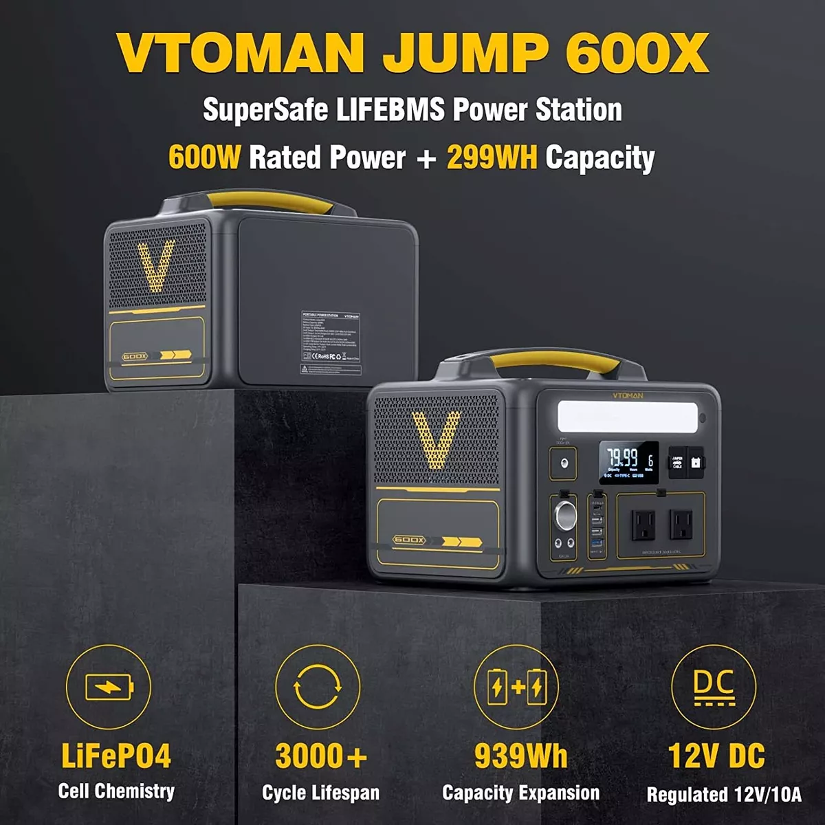VTOMAN Jump 600X Portable Power Station 600W, 299Wh LiFePO4 Battery Generator US
