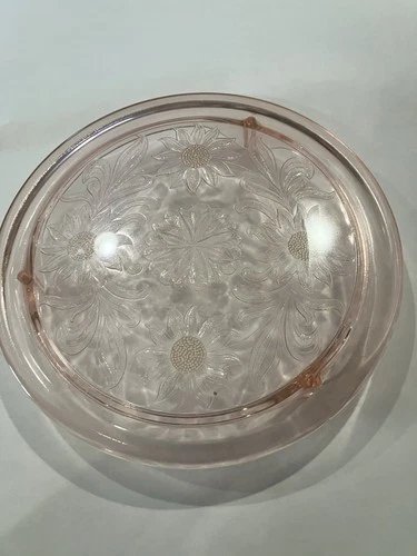 Jeanette Pink Depression Glass Vintage Cake Plate Sunflower 10" Footed 1930s