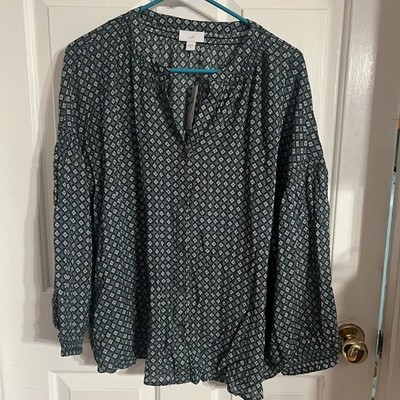 J Jill Green Long Sleeve Button Down Blouse Top Size XL  Geometric design NWT