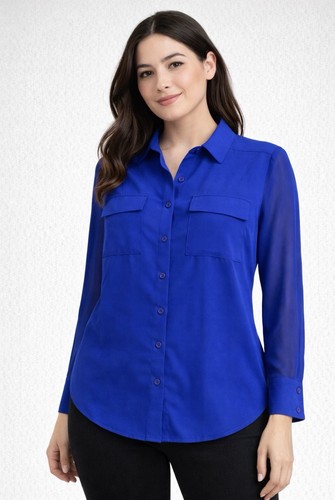 I.N. Studio Petite PS Royal Blue Button Front Blouse Women Sheer Cuffed Sleeve