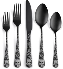 40 Pcs Skull Pattern Matte Silverware Set for 8 Black Flatware Set Service for 8