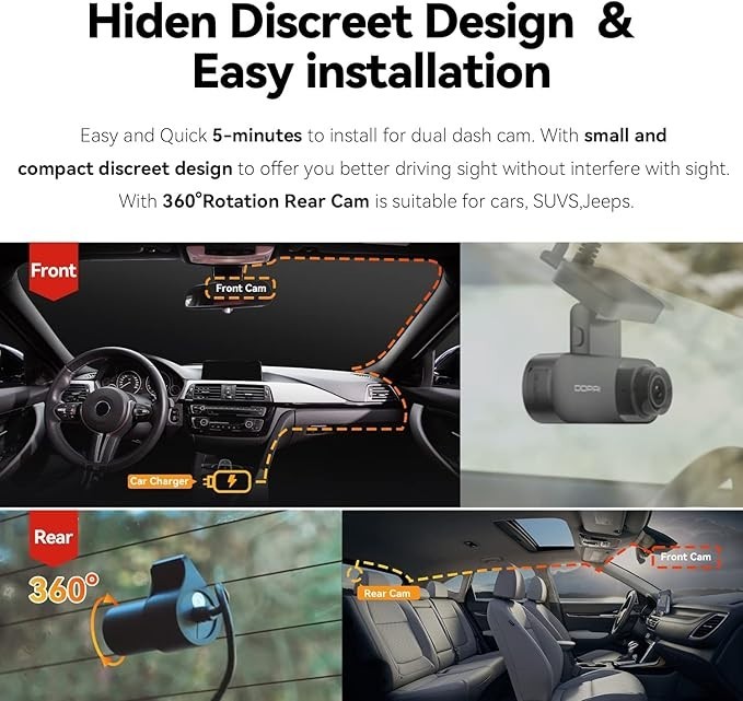 DDPAI 2.5K Dash Cam Front and Rear, 1600P+1080P FHD Dual Dash Camera for Cars