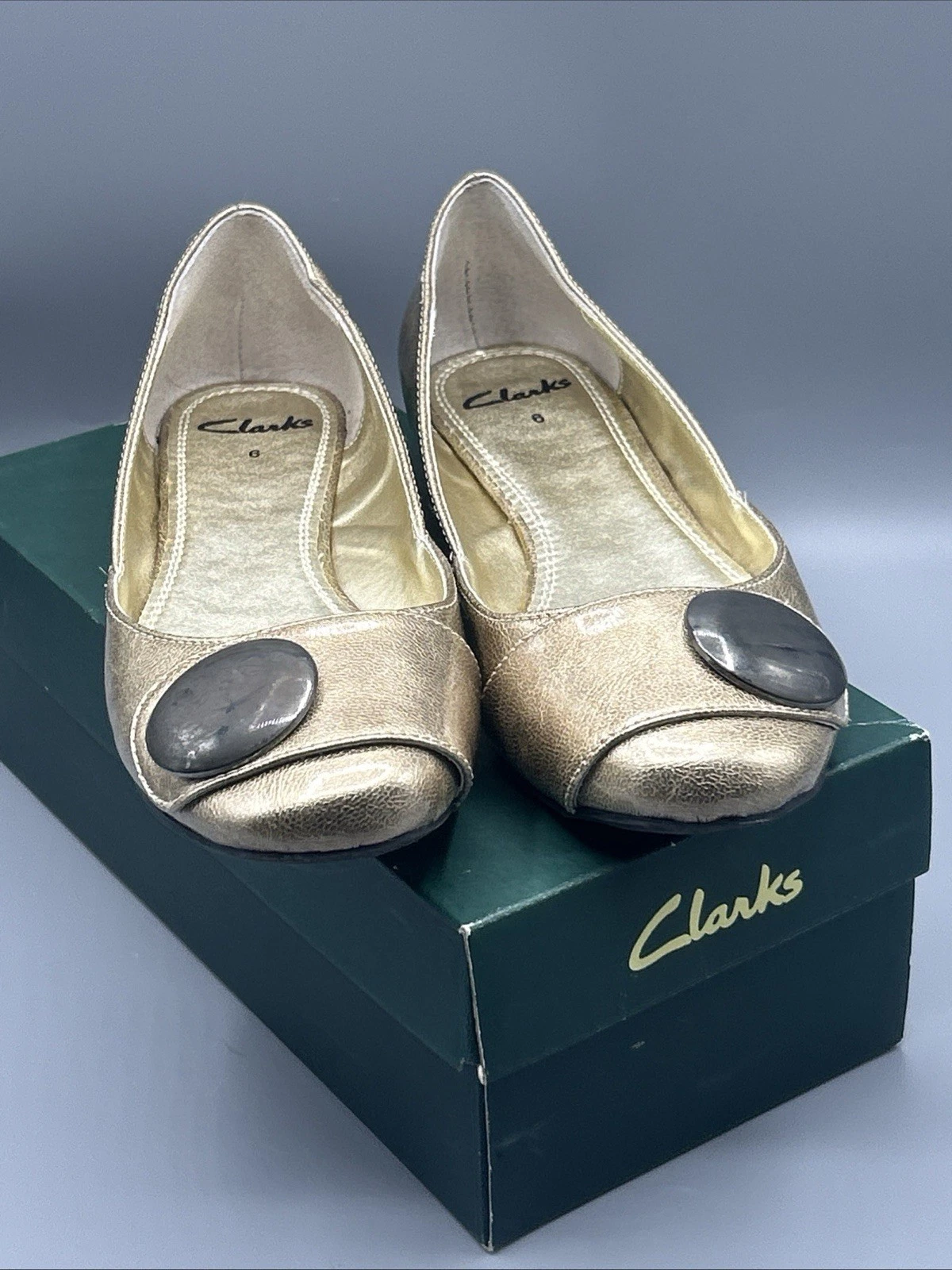 Scarpe ballerine Clarks donna Ginevra oro slip on piatte con scatola donna taglia UK 6