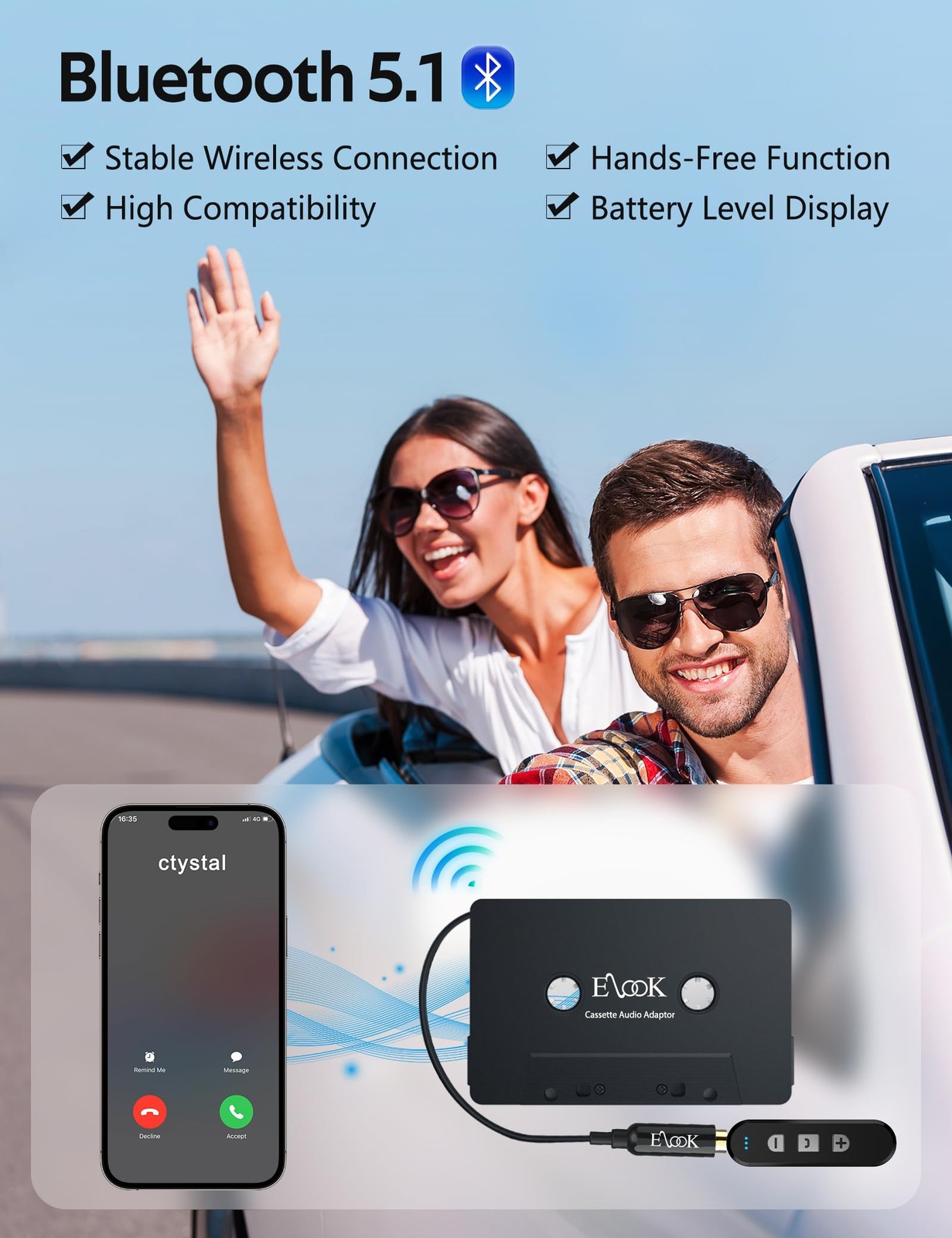Elook Cassette to Bluetooth Adapter for Car, 5.1 Bluetooth Receiver Kit ...