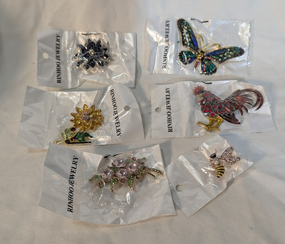 Rinhoo Jewelry Rhinestone Brooch Pin Lot of 6, Some loose/missing stones