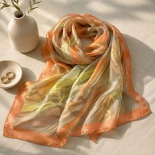 Vintage 70s 80s Abstract Marbled Sheer Square Scarf Rust Olive Silk Feel