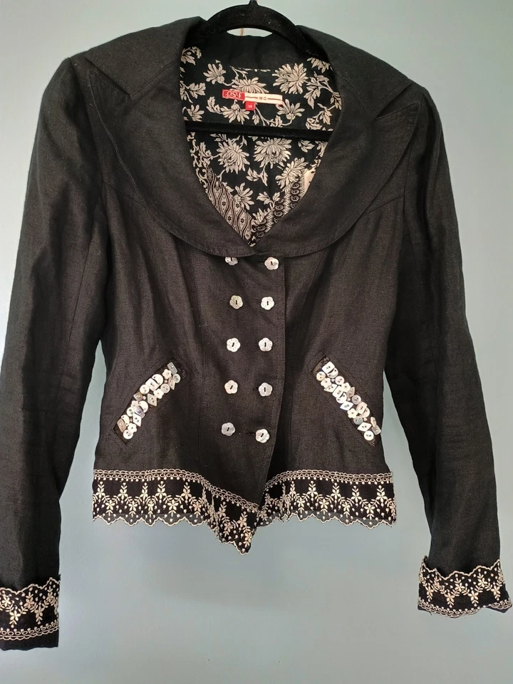 Vintage 100% Linen Jacket S Goth Steampunk Whimsigoth lace embroidery Victorian - Image 3 of 4