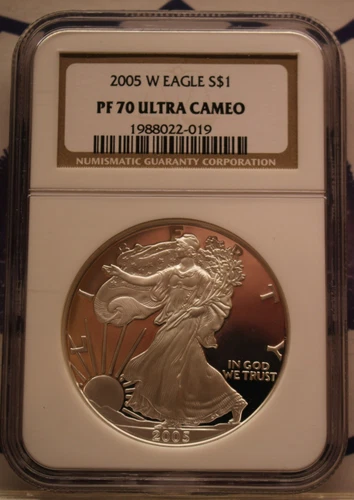 2005 W S$1 American Silver Eagle NGC PF 70 Ultra Cameo 1 Oz. Fine Silver