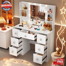 7 Drawers Vanity Desk Large Lighted Mirror Makeup Vanity Table w/ 10 Dimmer LED