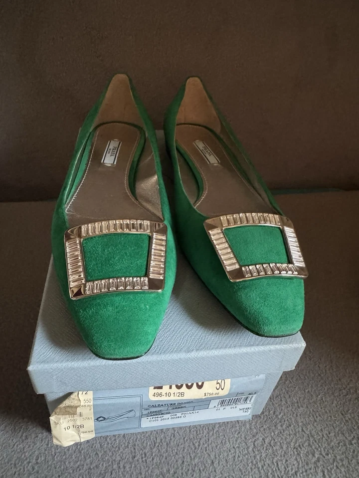 全新带盒普拉达翡翠绿色天鹅绒装饰芭蕾平底鞋 40.5 码 — 第 4/4 张图片