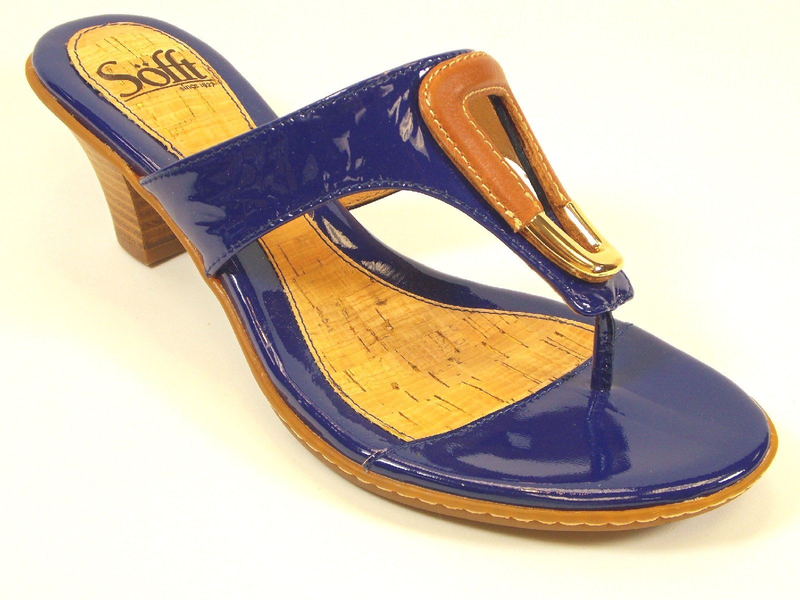SOFFT RAPHAELLA BRIGHT BLUE PATENT & COGNAC LEA. THONG SANDAL 8.5 & 10 SOFFT RAPHAELLA BRIGHT BLUE PATENT & COGNAC LEA. THONG SANDAL 8.5 & 10
