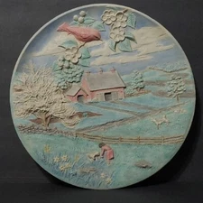 Vintage 1980 Byron Molds bird Flower  Barn Play in the Pasture 3D Plate 10”