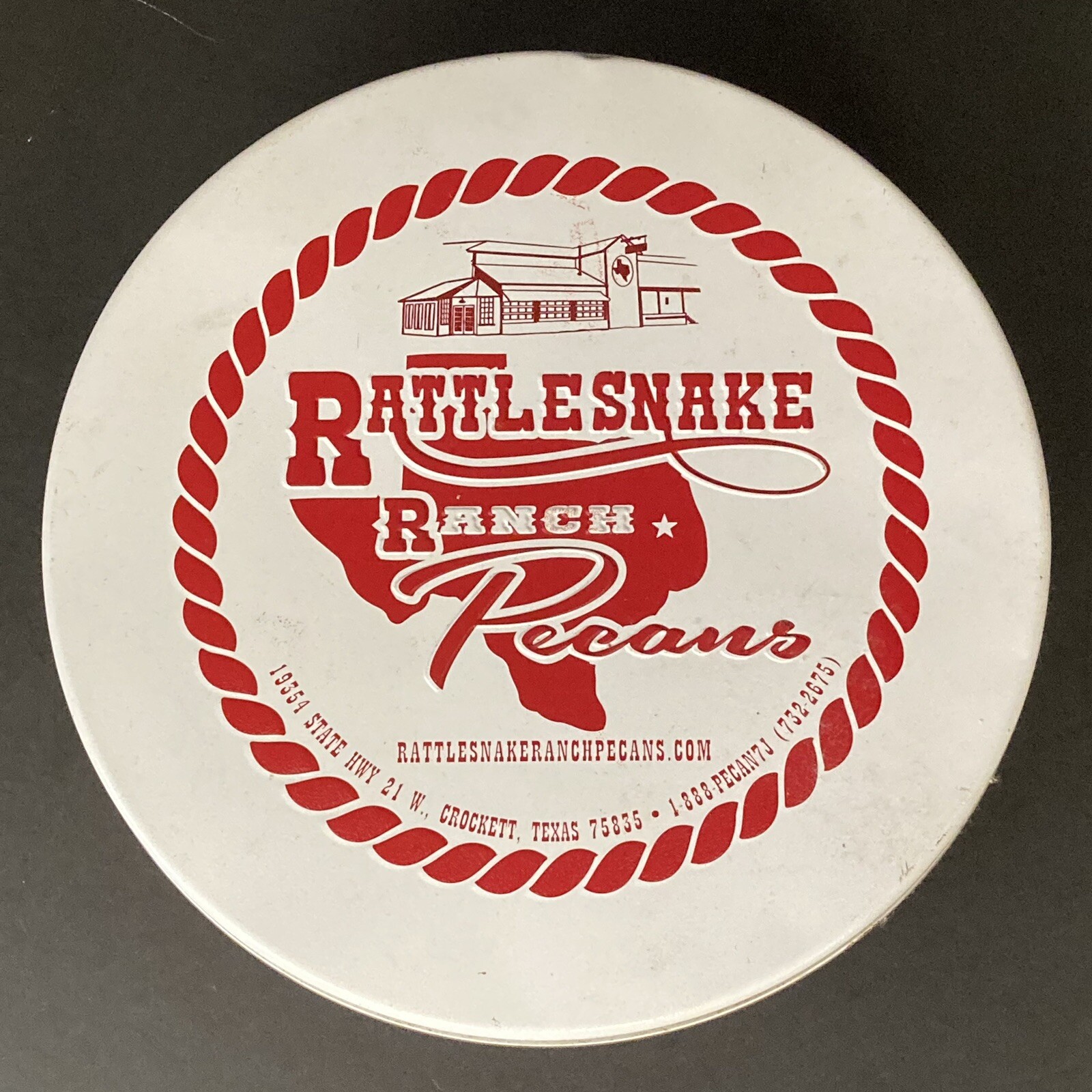 Rattlesnake Ranch Pecans Red and White Collectible Tin Crockett Texas