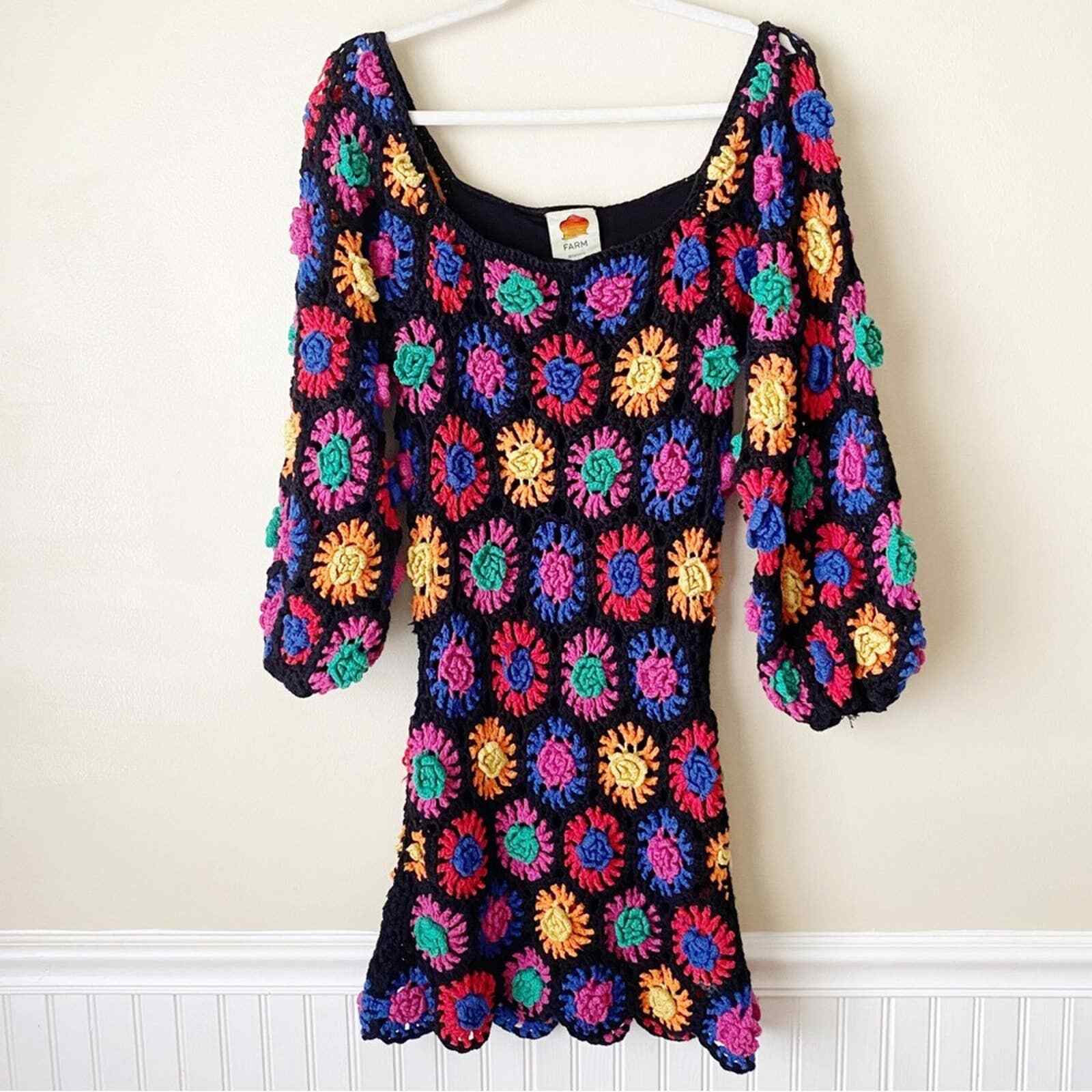 Farm Rio Crochet Flowers Mini Dress Granny Square Kni… Gem