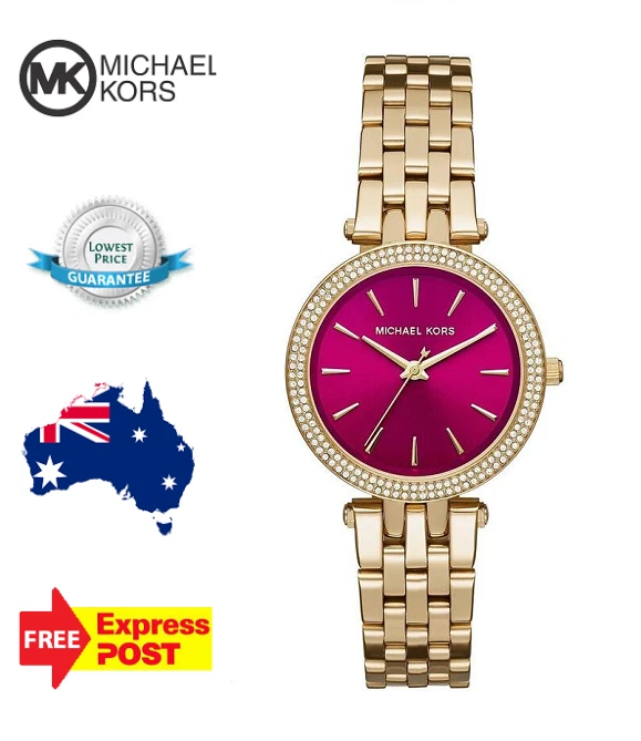 NEW MICHAEL KORS MINI DARCI MK3444 GOLD/FUCHSIA/CRYSTAL WOMENS