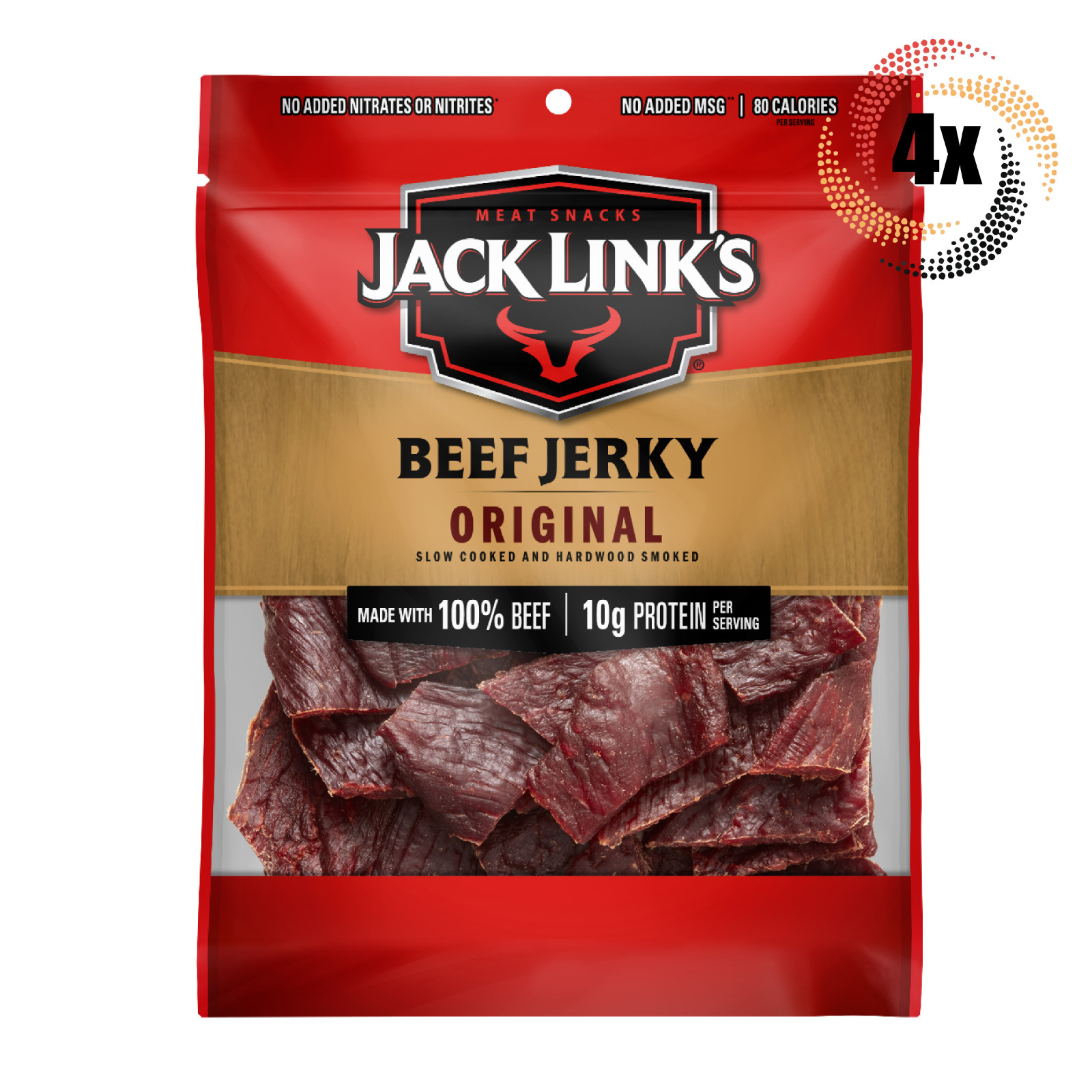 4 пакетика Jack Links Original с вяленой говядиной | 3,25 унции | 100% Говядина | 10 г белка