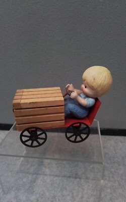 Enesco Figurine Little Blond Boy In Denim Overalls Driving His Derby Car 3 1/2''