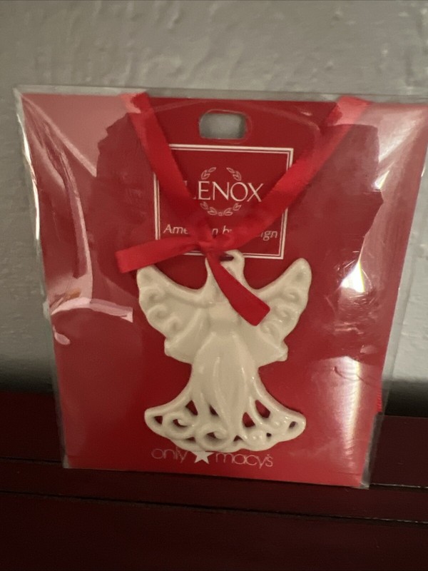 Lenox Pierced Angel Charm 3” Christmas Ornament Cream Porcelain w/Red Ribbon