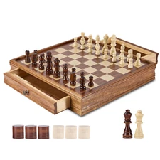 Uimoso 15" Solid Wood Chess Checkers Set Portable Chess Game Board with Drawer