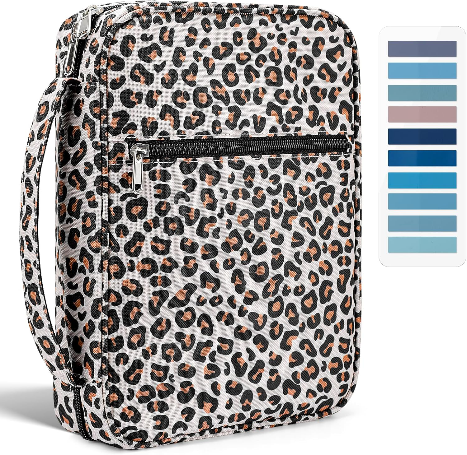 ハンドル & ジッパー付きポケット + 200 聖書タブ付き聖書カバー-ヒョウ柄