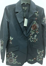 DG2 Diane Gilman Embroidered Gaberdine Blazer, NAVY, XS