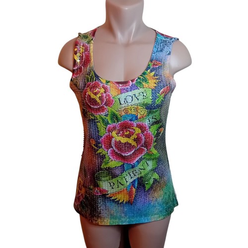 Vintage Y2K Majora Love Is Patient Tank Top Rose Tattoo Sequin Grafitti Print XL