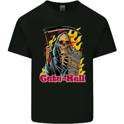 T-Shirt Homme Coton Crâne Halloween Faucheuse Sinistre Chat Infernal Mignon Haut - Photo 1/4