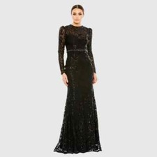 Mac Duggal Black Embellished High Neck Gown Long Sleeve Dress 18 NWT $698 68011