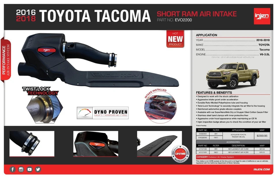 Sistema de admisión de aire frío Injen EVO2200 Evolution - seco para Toyota Tacoma 16-23 3,5 L Foto 2 de 4