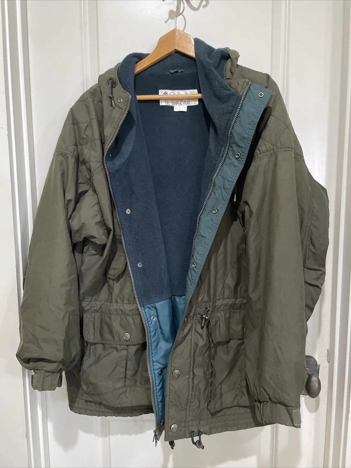 VTG Columbia Green Nylon Fleece Lined Warm Hooded Parka Jacket Coat Large