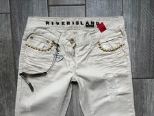 River Island Y2K jeans Vintage crop straight leg beige rips trousers 10 W30 L22