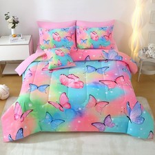 8 Pc Butterfly Comforter Set Queen, 3D Rainbow Butterfly Bedding Set for Girls