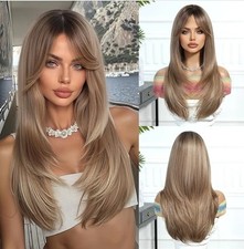 Wig - Human Hair Blend - Long Straight Layered Light Brown Bangs Heat Resistant
