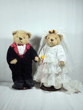 Vintage Wedding Teddy Bear Bride Groom Set 14" Plush/Wood Stands Lace Dress Up