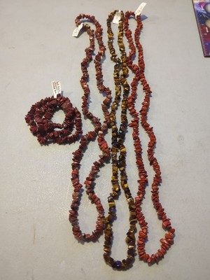 2 red jasper Chipped Stone necklaces, Stretch Bracelet And Tigers Eye Necklace 