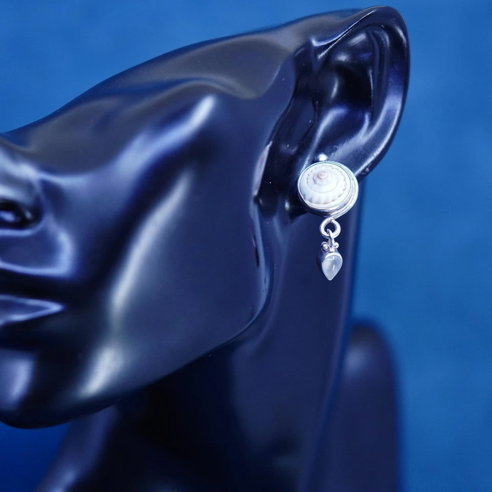 Sajen Sterling Silver 925 Shiva eye earrings, fossil shell teardrop moonstone - Image 2 of 4