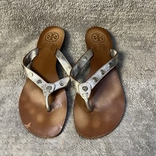 Tory Burch Silver Leather Riki Classic Flip-Flop Womens Sandals Size 7M