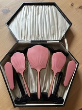 Vintage Art Deco 1920s Pink Guilloche Enamel Brush and Mirror Dressing Table Set