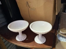 vintage Jeannette Glass Shell Pink Milk Glass Windsor pedestal compote Set Of 2