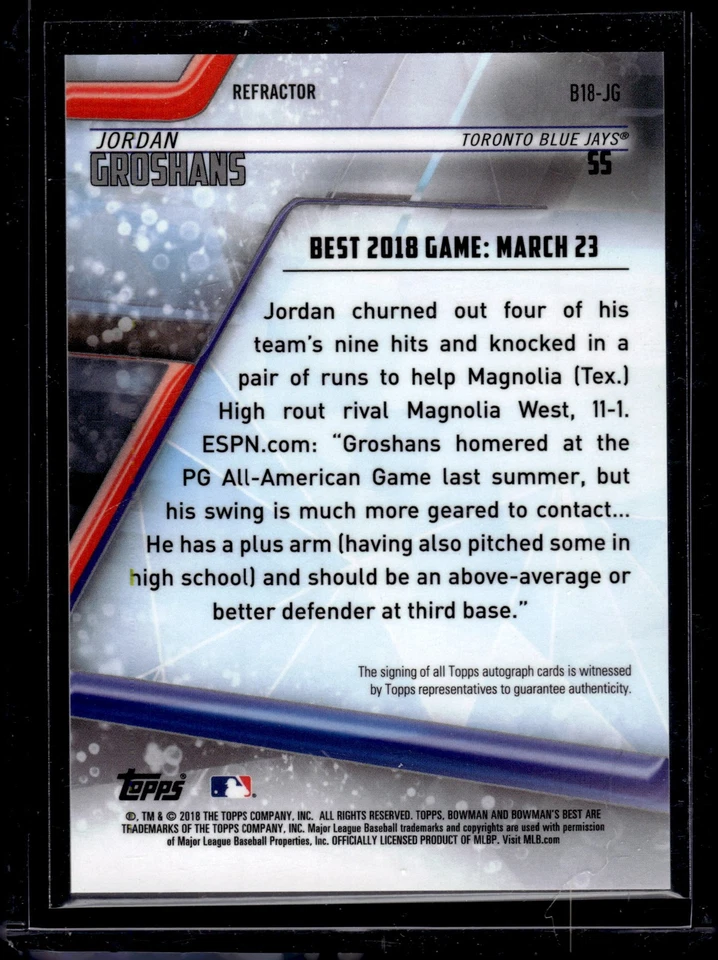 2018 Bowman's Best #B18-JG Jordan Groshans Best of 2018 Autographs Refractor - Image 2 of 2